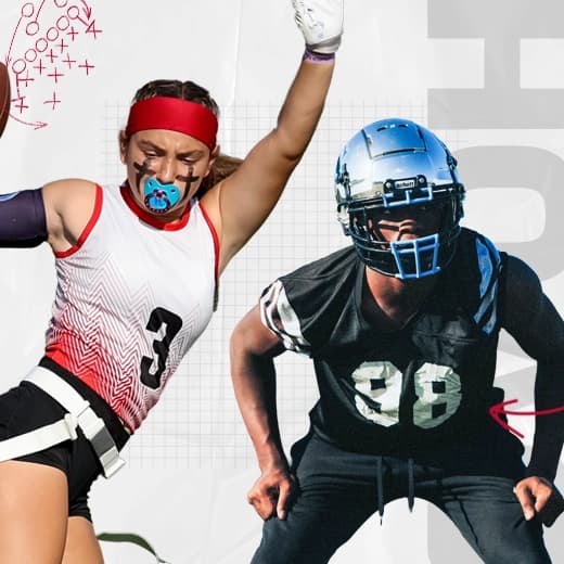 Sports graphic collage featuring a female flag football player on the left in a white and red jersey reaching up, and a male tackle football player on the right wearing a silver helmet and jersey number 88 in a three-point stance.