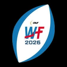 2026 IFAF World Flag Football Championship event icon inside a stylized blue American football silhouette.